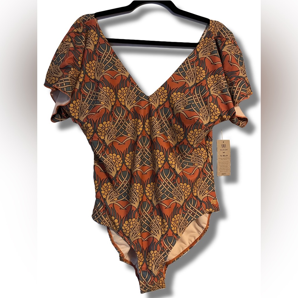 Albion Asymmetrical Flutter Short Sleeve Swimsuit in Gold, Orange and Grey